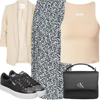 A-kroj Outfit sa Bijela/Siva Haljina Veći Broj/Kratke hlače velike veličine/Hlača Velika Veličina/Suknja Ichi "Outfit za odmor"Look: A-kroj, cool, 50-ih godina, 90-ich, Old Money