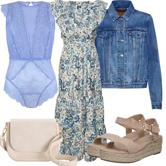 Outfit s Modrá/Šedá/Tmavě modrá Maxi Šaty/Francouzské šaty/Bavlněné Šaty/Vintage šaty/Společenské šaty pro hosta/Šaty S Potiskem/Dlouhé Letní Šaty/Boho Letní Šaty VERO MODA "Letní vzhled pro módní ženy"