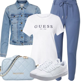 Outfit s Modrá/Světle modrá/Šedá Kalhoty s Vysokým Pasem/Navlékací Kalhoty/Sportovní kalhoty/Ležérní Kalhoty/Žerzejová Kalhoty/Jogger Kalhoty/Teplák/Mušelínové kalhoty Only "Letní vzhled pro módní ženy"