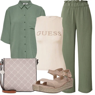 Outfit s Hnědá/Béžová Sandál Dianette/Římská sandála/Sandál S T Páskem/Rybářská sandála/Sandál se suchým zipem About You "Letní oblečení"