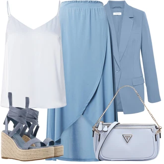 Diamantový vzor Outfit s Světle modrá Malá Taška/Sportovní Taška Přes Rameno/Klasická Taška Přes Rameno/Taška Přes Rameno/Dopisová peněženka/Brašna Guess "Letní vzhled pro módní ženy"