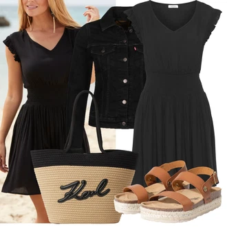 Outfit s Černá/Tmavě šedá/Šedá Skater šaty/Šaty Do Áčka/Šaty Fit & Flare/Rock'n rollové šaty/Žerzejové Šaty/Plisované Šaty/Volánové šaty Lascana "Letní vzhled pro módní ženy"