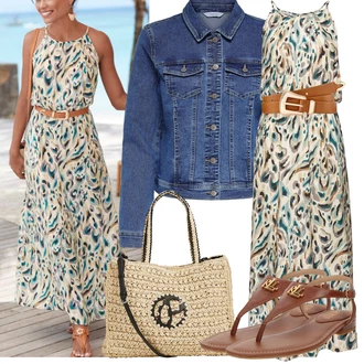 Elegantní Dlouhé Outfit s Bílá/Béžová/Zelená Dlouhé Letní Šaty/Maxi Šaty/Šaty Niki/Šaty S Potiskem/Občanské šaty/Společenské šaty pro hosta/Zavinovací Šaty Lascana "Letní oblečení"Look: 20 léta, Elegantní, Hippie, Jazz, Mom, Slavnostní