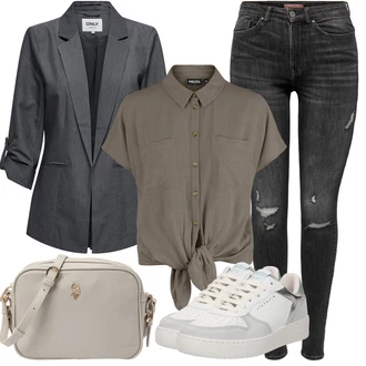 S Mašlí Outfit s Hnědá/Šedá/Béžová/Khaki Halenka a Tunika/Halenka Móda Pro Plnoštíhlou Pieces "Letní vzhled pro módní ženy"