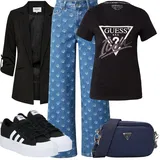 Outfity s modrými látkovými kalhotami image