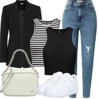 Veslování Outfit s Černá/Bílá Tílko s ořezem/Krátký Top/Pánské boty/Krátký top Only "Letní vzhled pro módní ženy"Look: Posilování, Veslování, Tanec