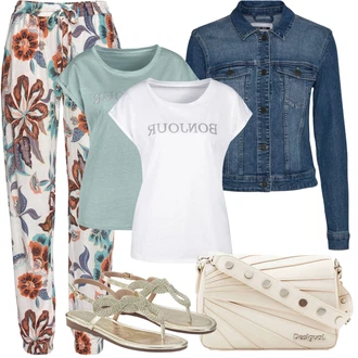 Outfit s Krémová/Vícebarevný/Tyrkysový/Bílá/Fialová/Červená Plážová Kalhoty/Kalhoty s Potiskem VIVANCE "Letní vzhled pro módní ženy"