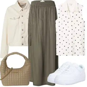 Festival Outfit s Khaki/Tmavě zelená Cargo Sukně Freequent "Letní vzhled pro módní ženy"Look: Bar, Den na pláži, Koncert, Chatky, Festival, Škola, Matriční úřad