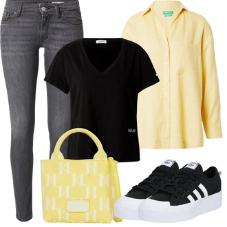 Zakopčaj dolje Outfit sa Žuta Majica/Len Blúza/Duga Bluza/Oversize Mušlinova Bluzica/Bluza s gumbom/Slip-on Bluza/Bluza od Samta/Tunika Majica/Oversize Bluza United Colors of Benetton "Outfit za odmor"