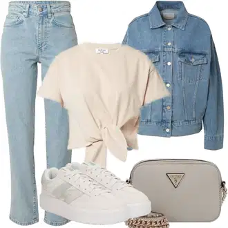 Prevelik Outfit sa Svjetloplava/Plava Traper Jakna/Kratka Traper Jakna/Vintage Jakna Leger by Lena Gercke "Outfit za odmor"Look: Rap, 90-ich, Mom, Prevelik, Sveučilišna, Vintage, Radna odjeća, Retro