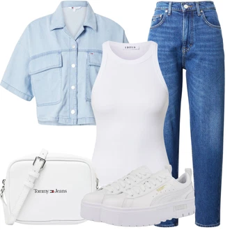 Denim/Traper Outfit sa Svjetloplava Majica/Traper Bluza/Sportska Bluza/Bluza od Samta/Bluza Kratkih Rukava/Crash Bluza/Razigrana Bluza Tommy Jeans "Outfit za odmor"