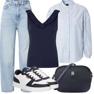 Stil Outfit sa Svjetloplava/Plava Nekategorizirano/Majica/Bluza Veći Broj Boss, Svjetloplava Hlače s Prorezom/rupa hlača/Paperbag Hlača/Boyfriend Hlače/Hlače sa Naramenicama/Hlače Visokog Struka/Široka Hlača/Naborane hlače/Ravna Hlača Boss "Ljetna odjeća"Look: Prevelik, klasický, Rap, Unisex, Preppy, Stil, Ured, Radna odjeća, 90-ich