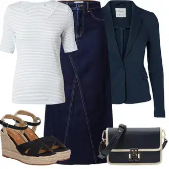 Outfit s Černá/Béžová/Hnědá/Tmavě modrá Sandál na klínku/Espadrilka s klínovým podpatkem/Bota Na Klínku/Espadrilka na Podpatku/Espadrille sandál Tom Tailor "Letní vzhled pro módní ženy"