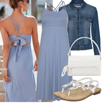 Outfit s Světle modrá/Šedá/Modrá Žerzejové Šaty/Mullet šaty/Společenské šaty pro hosta/Šaty s výstřihem/Šaty v Délce do Lýtka/Šaty Do Áčka/Občanské šaty/Šaty Bez Rukávů Buffalo "Letní vzhled pro módní ženy"