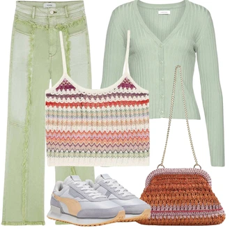 Outfit s Světle zelená/Světle modrá/Zelená Kašmírový kardigán/Letní svetr/Vintage svetr/Krátký svetr/Bavlněný svetr/Kardigán s výstřihem do V Lascana "Letní vzhled pro módní ženy"