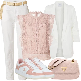 Outfit s Bílá/Krémová/Khaki Boyfriend Kalhoty/Manšestrové Kalhoty/Bavlněná Kalhoty/Kalhoty se Štěrbinou/Twillová Kalhoty/Rovná Kalhoty/Mušelínové kalhoty/Ležérní Kalhoty ESPRIT "Letní vzhled pro módní ženy"