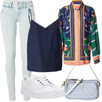 Outfit s Béžová/Vícebarevný/Oranžová/Krémová/Žlutá Barevná košile derhy "Letní vzhled pro módní ženy"