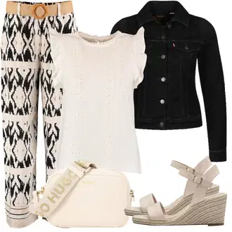 Outfit sa Bež/Bijela/Žuta/Krem Hlača s Uzorkom/Hlača za Plažu/Štofaste hlača/Tradicionalna Hlača/Hlača s Perjem/Hlača od Tvida Hailys "Outfit za odmor"