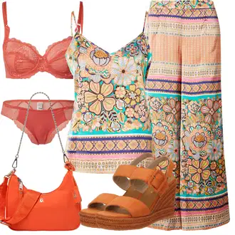 Outfit sa Bež/Šareno/Pink/Narandžasta/Žuta Palazzo Hlača/Široka Hlača/Tradicionalna Hlača/Hlača s Uzorkom/Hlača za Plažu MOLLY BRACKEN, Plava/Šareno/Narandžasta Majica i top/Majica na špagete/Top Bez Rukava/Muške cipele/Party Top/Majica Bez Rukava MOLLY BRACKEN "Outfit za odmor"