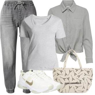 Džínovina Outfit s Šedá/Tmavě šedá/Světle šedá Boyfriend Džínové kalhoty/Zužující se Džíny/Termální Džíny/Pánské tričko/Kožená bunda/Dad Džíny/Sweat Džíny/Mom Jean/Girlfriend Džíny/Formální Košile Only "Letní vzhled pro módní ženy"