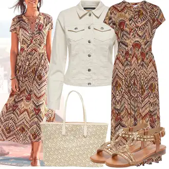 Outfit s Hnědá/Červená/Vícebarevný/Béžová Maxi Šaty/Boho Letní Šaty/Dlouhé Letní Šaty/Vintage Boho Šaty/Vintage šaty/Dlouhé pletené šaty/Šaty S Potiskem/Šaty v Délce do Lýtka/Šaty na Podzim/Tvidové šaty Lascana "Letní oblečení"
