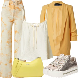 Outfit s Stříbrný/Šedá/Béžová/Růžová Teniska na platformě/Kožené Tenisky/Nízká Teniska/Tenisky s Bočním Zipem Gabor "Letní vzhled pro módní ženy"