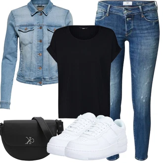 Outfit s Modrá/Tmavě modrá Kožené bundy/Džíny s Dírou/Push up Džín/Zkrácené Džíny/Džíny s Rozparkem/Džín s Nízkým Pasem/Navlékací džíny/Kotníková Bota/Džíny s Nízkým Sedem/Kožená bunda/Capri Džíny/Dámské Džíny s Délkou 7/8/Zimní bunda le temps des cerises "Letní vzhled pro módní ženy"