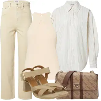 Outfit s Béžová/Khaki Boyfriend Kalhoty/Tesařská kalhoty/Manšestrové Lacláč/Kalhoty s Vysokým Pasem/Mušelínové kalhoty/Kalhoty se Štěrbinou/Rovná Kalhoty/Twillová Kalhoty Edited "Letní vzhled pro módní ženy"