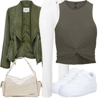 Outfit s Bílá/Krémová Rovná Džína/Kotníková Bota/High Waist Džínové Kalhoty/Zkrácené Džíny/Capri Džíny/Termální Džíny/Dámské Džíny s Délkou 7/8/Kožené Boty/Kožená bunda/Zimní bunda/Džíny s Rozparkem/Slim Fit Džíny Only "Letní oblečení"