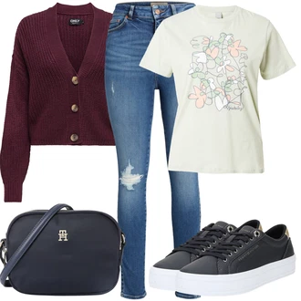 Ležérní Outfit s Černá/Světle modrá Teniska Tenisky s Bočním Zipem/Letní Tenisky/Kožené Tenisky/Úzká Teniska/Plátěná Teniska/Nízká Teniska Tommy Hilfiger "Letní vzhled pro módní ženy"Look: Bad Taste, Ležérní, Cool, Italský, Skater, Sportovní