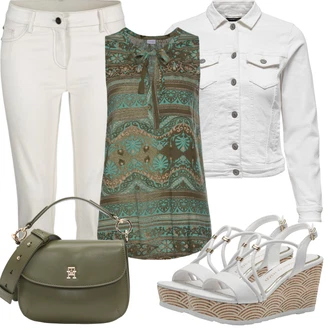 Vysoké Podpatky Outfit s Béžová/Stříbrný/Bílá Sandál S T Páskem/Letní Bota/Sandál na klínku/Platform Sandal/Bota Na Klínku MARCO TOZZI "Letní vzhled pro módní ženy"