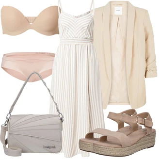 Elegantní Outfit s Krémová/Béžová/Bílá/Khaki/Hnědá Ležérní Šaty/Bavlněné Šaty/Midi Šaty/Dlouhé Letní Šaty/Francouzské šaty/Šaty Na Ramínko/Občanské šaty/Plisované Šaty About You "Letní oblečení"Look: 20 léta, Babydoll, Business, Elegantní, Námořní, Old Money, Příliš oblečený, Romantický, Univerzitní