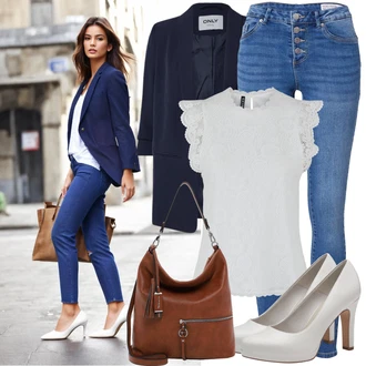 Zapínání na knoflíky Outfit s Šedá/Krémová/Stříbrný/Bílá Halenka a Tunika/Tričko & Top Móda Pro Plnoštíhlé/Halenka Móda Pro Plnoštíhlou Pieces "Praktický Vzhled"