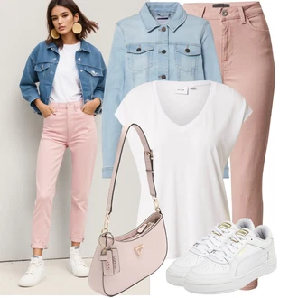 Outfit sa Pink/Smeđa/Ljubičasta Mom Jean/Traperice Slim Kroja/Skraćene Traperice/Ženske Traperice 7/8 Dužine/Sužene Traperice/High Waist Traperice/Kožna Jakna/Kožne Cipele/Traperice s Prorezom/Capri Traperice/Čizma do Gležnja Pieces "Lagana odjeća"