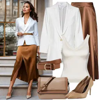 Outfit s Hnědá/Tmavě hnědá/Šedá/Khaki Midi Sukně/Elastická Sukně/Tužková sukně/Sukně do Délky Lýtka/Sukně Pro Matriku/Moderní Sukně/Koktejlová Sukně Samsøe Samsøe "Trendový sváteční vzhled"