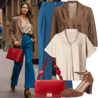 Ležerno Outfit sa Smeđa/Crvena/Tamnocrvena/Ljubičasta Odijelo Karirani Sako/Sako od Tvida/Kožna Jakna/Boucle Blazer orsay "Vintage 90-ih godina izgled"Look: Pametno ležerno, Preppy, Francuske, Talijanski, Sveučilišna, Ležerno, klasický