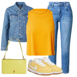 outfit mit Rumena Grafična majica/Pleteni vrh/Kratka majica/Majica brez rokavov/Mrežasta majica/Športna majica brez rokavov/Moški čevlji Nike "Vsakodnevni Outfit"