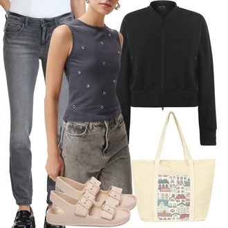 outfit mit Siva/Temno siva/Svetlo siva Usnjena Jakna/Kavbojka z Nizkim Pasom/Kavbojka z Nizkim Pasom/Gležnarji/Ozke Kavbojke/Ravne Kavbojke/Regular Fit Kavbojke/Usnjene Čevlje Guess "Vsakodnevni Outfit"