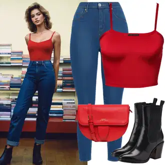 Outfit inspiracije Ljeto sa Traperice Tommy Jeans, Smeđa/Crvena/Narandžasta Torba za pisma/Torba Za Preko Ramena/Torba za rame/Shopper torba/Mala Torbica chiara, Crna Kaubojska Čizma/Čizma s patentnim zatvaračem/Široke čizme/Klasična čizmica/Čizma na Špic/Čizma na visoku petu/Čizma do Koljena/Čizma s klinastom petom/Duga Čizma kesi, Crvena Majica kratkih rukava/Kratki Top/Kratki top/Otmjena majica Tommy Jeans "80-ih godina kostim"