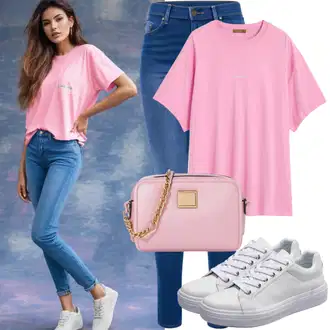 Outfit Inspo Poletje mit Bela/Krem/Roza Majica s kratkimi rokavi/Majica s potiskom/Majica & Top/Lepa Majica/Grafična majica/Tiskana majica/Športna majica Just Cavalli "80. letna zabavna moda"