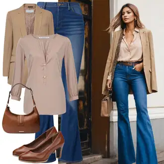 Outfit sa Smeđa/Bež/Kaki Bodija Bluze/Kožna jakna za muškarce/Jednobojna Bluza/Slip-on Bluza/Bluza Kratkih Rukava/Oversize Bluza/Bluza/Bluza Vrh/Sportska Bluza VERO MODA "90-ih godina Outfit s trapez hlačama"