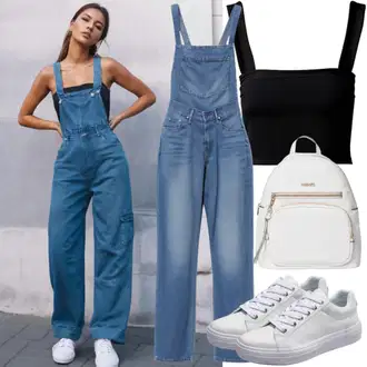 Prevelik Outfit sa Plava/Svjetloplava Traper Kombinezon/Traper Kombinezon Trendyol "90-ih godina zabavna odjeća"Look: 90-ich, Prevelik