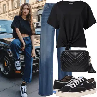 Outfit Inspo Poletje mit Modra/Roza/Svetlo modra Široke Kavbojke/Usnjena Moška Jakna/Šiškata Kavbojka/Široke Kavbojke/Culotte Kavbojke Tommy Jeans, Črna/Rjava Srajčna Bluza/Srajca za prosti čas/Poslovna srajca morgan, Oranžna/Črna/Siva/Zlati Superge Nizka/Ozka superga/Superge Luknjasta/Poletne superge/Zimske superge k swiss, Torbica za čez ramo tous "90. letna moda"