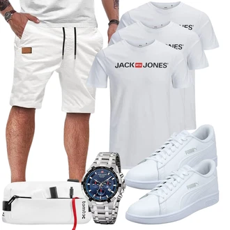 Outfit mit Weiß/Creme/Khaki Chino Shorts/Kurze Hose/Bermuda/Baggy Short/Sweatshorts/Musselin Shorts/Leinen-short/Cargo Short JMIERR "Alltags Outfit"