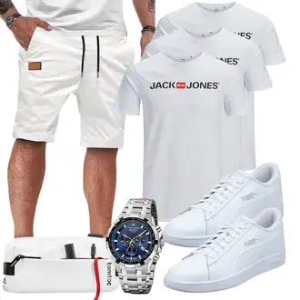 Outfit mit Weiß/Creme/Khaki Chino Shorts/Kurze Hose/Bermuda/Baggy Short/Sweatshorts/Musselin Shorts/Leinen-short/Cargo Short JMIERR "Alltags Outfit"