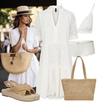 Mom Pričest Outfit sa Krem/Bijela Haljina Veći Broj/Tunika yas "Praktičan look"Look: Etno, Boho, Mom, Rap, Preodjeven, Hippie, Brvnare, dan na plaži, Majčin dan, Pričest, Koncer, Krštenje