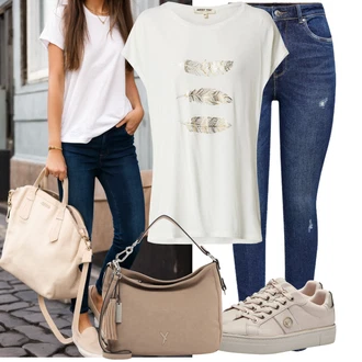 Outfit sa Smeđa/Bež Tanka Tenisica/Tenisica s platformom/Skate cipela/Niska Tenisica/Kožna Tenisica Tamaris "Praktičan look"