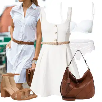 Výstřih na ramena Outfit s Bílá/Krémová/Khaki/Růžová Šaty s Páskem About You "Praktický vzhled"