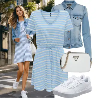 Outfit s Světle modrá/Modrá Žerzejové Šaty/Šaty s Páskem/Tričkové šaty/Ležérní Šaty/Sportovní Šaty/Tunikové šaty/Šaty Niki/Letní Šaty Only "Praktický vzhled"