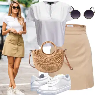 Kombinacije s mini suknjom za ljeto "Bež Mini Suknja Outfit Ljeto"
